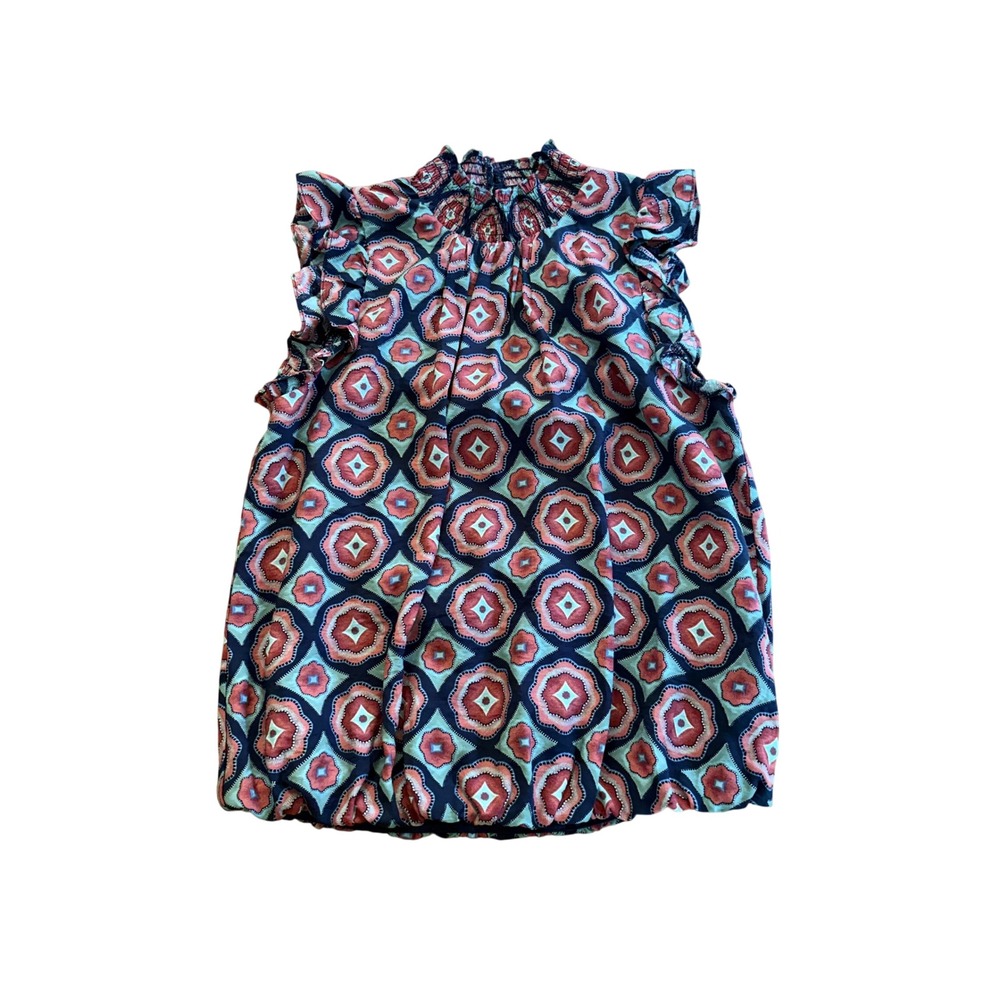 THML XS Boho Geometric Medallion Print Smocked Flutter Sleeve Blouse Navy Coral